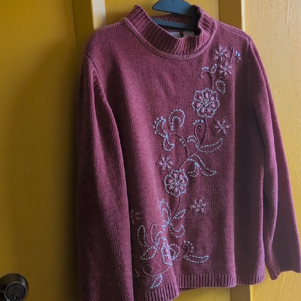 Alfred Dunner Burgundy Floral Embroidered Turtleneck Sweater